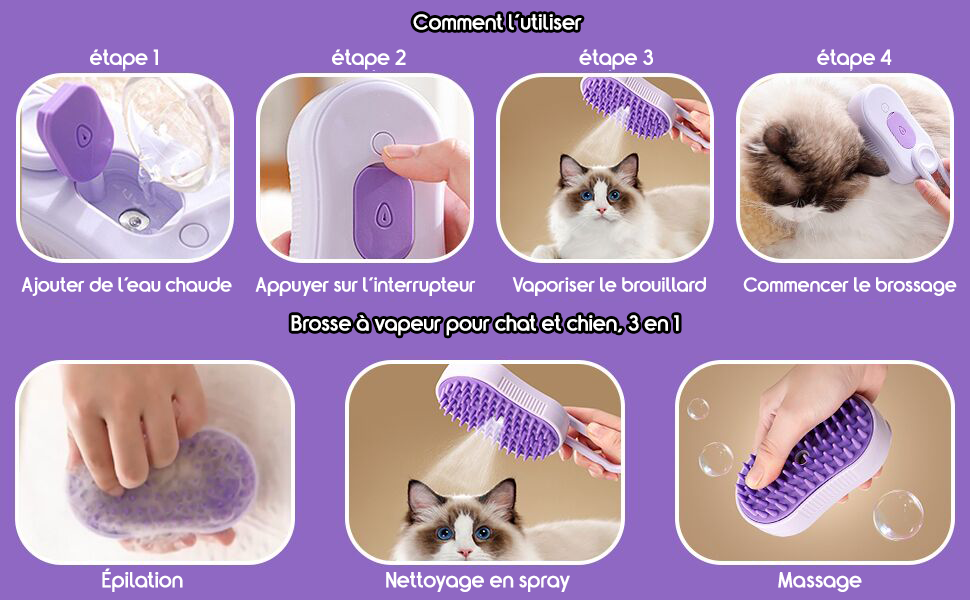 Brosse à vapeur pour chat et chien, 3 en 1